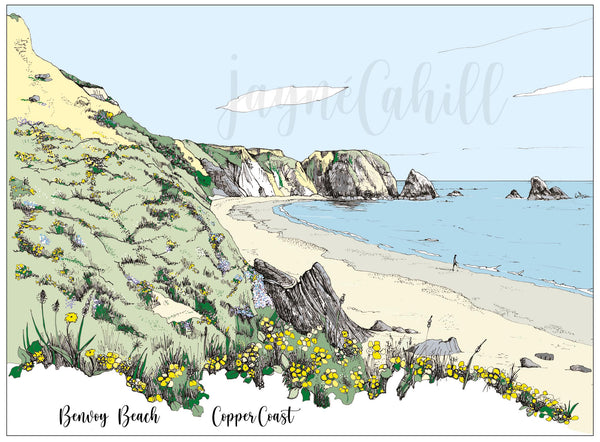 Limited edition signed print of original pen & ink drawing of the stunning Benvoy Beach on the Copper Coast, Co. Waterford, by artist Jayné Cahill.