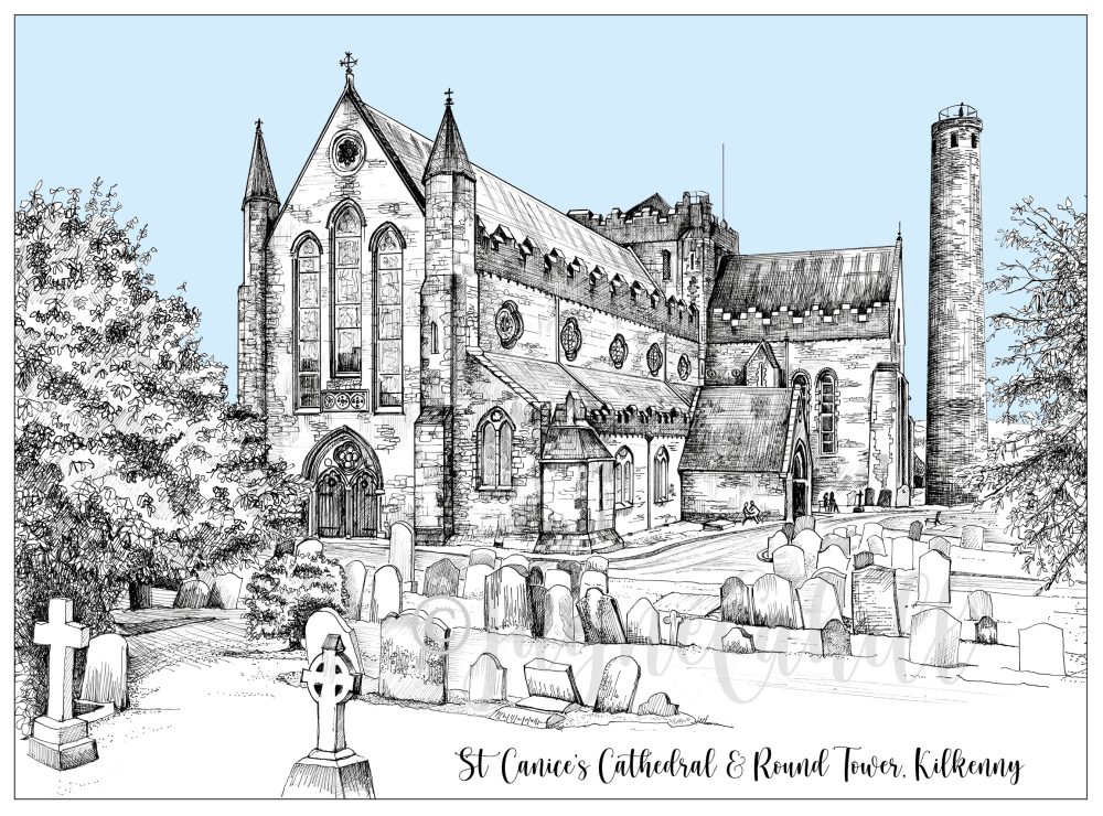 Limited edition print of St Canice's Cathedral & Round Tower, Kilkenny by Scottish/Irish artist Jayne Cahill